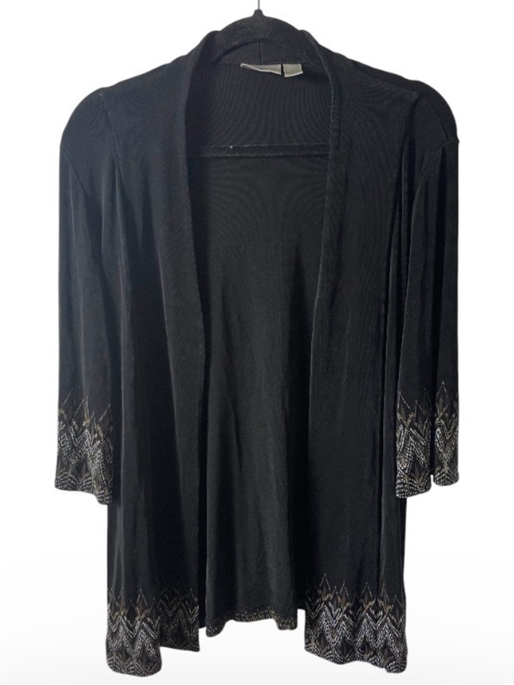 Chico's Travelers Cardigan  Size 2 Whimsygoth Chevron Slinky Knit Printed Trim